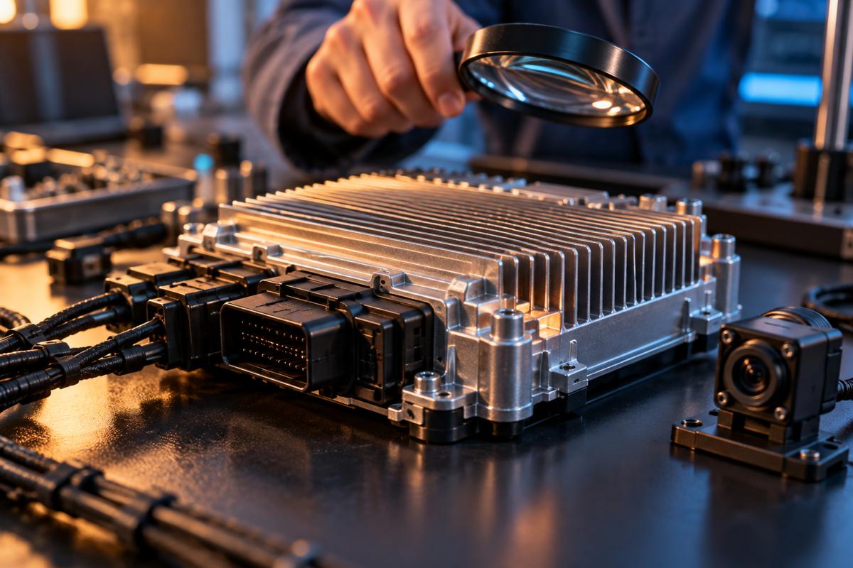 En central computerenhed med køleribber og sensorer på et laboratoriebord